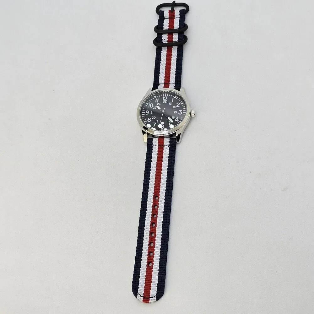 Men's Field Military Watch 42MM‎ Black Dial Blue White Red Canvas Band Straps